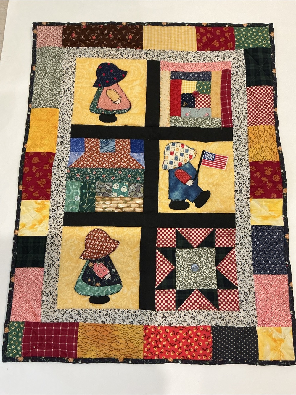 Handmade Sue Bonnet & Patchwork Quilt Blocks Mini Quilt Wall Hanging Americana